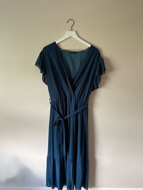 PrettyGarden Teal Maxi Dress with Tie Waist & Flowy Sleeves